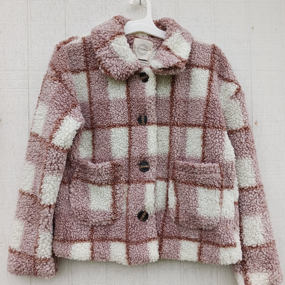 STOOSH Jacket Sherpa Teddy Small Oversized Plaid Fall Shacket Pink Button Front - Picture 2 of 5